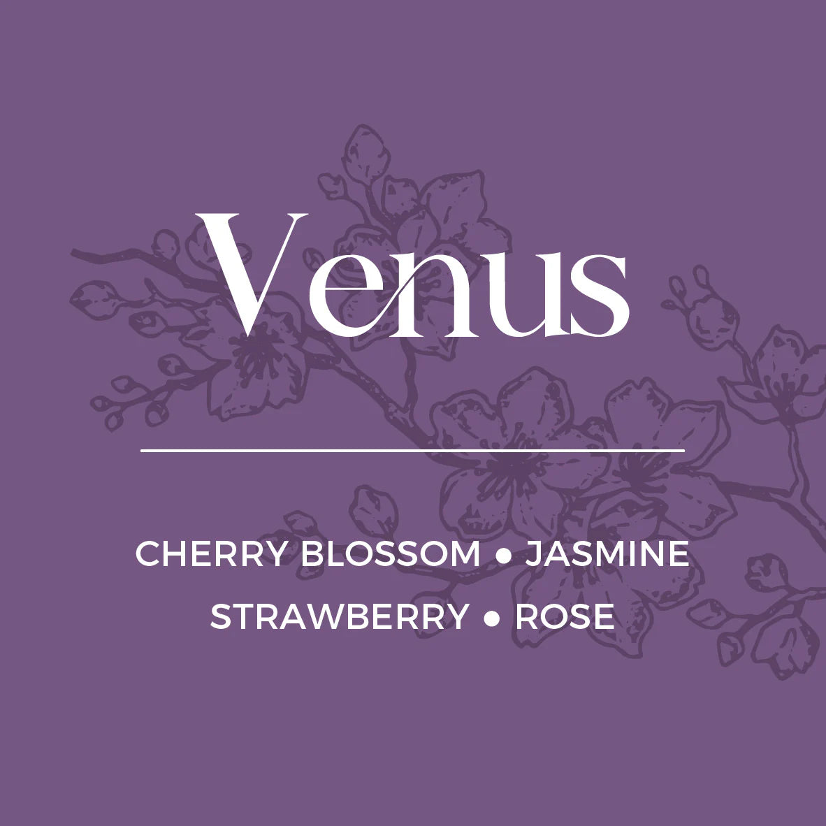 Venus fragrance label with floral elements on a purple background