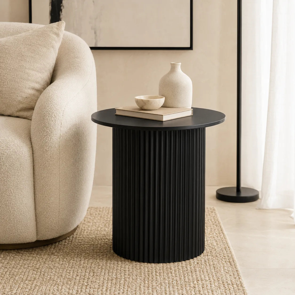 Vittoria Round Side Table with Black Timber Top and Matt Black Fluted Base