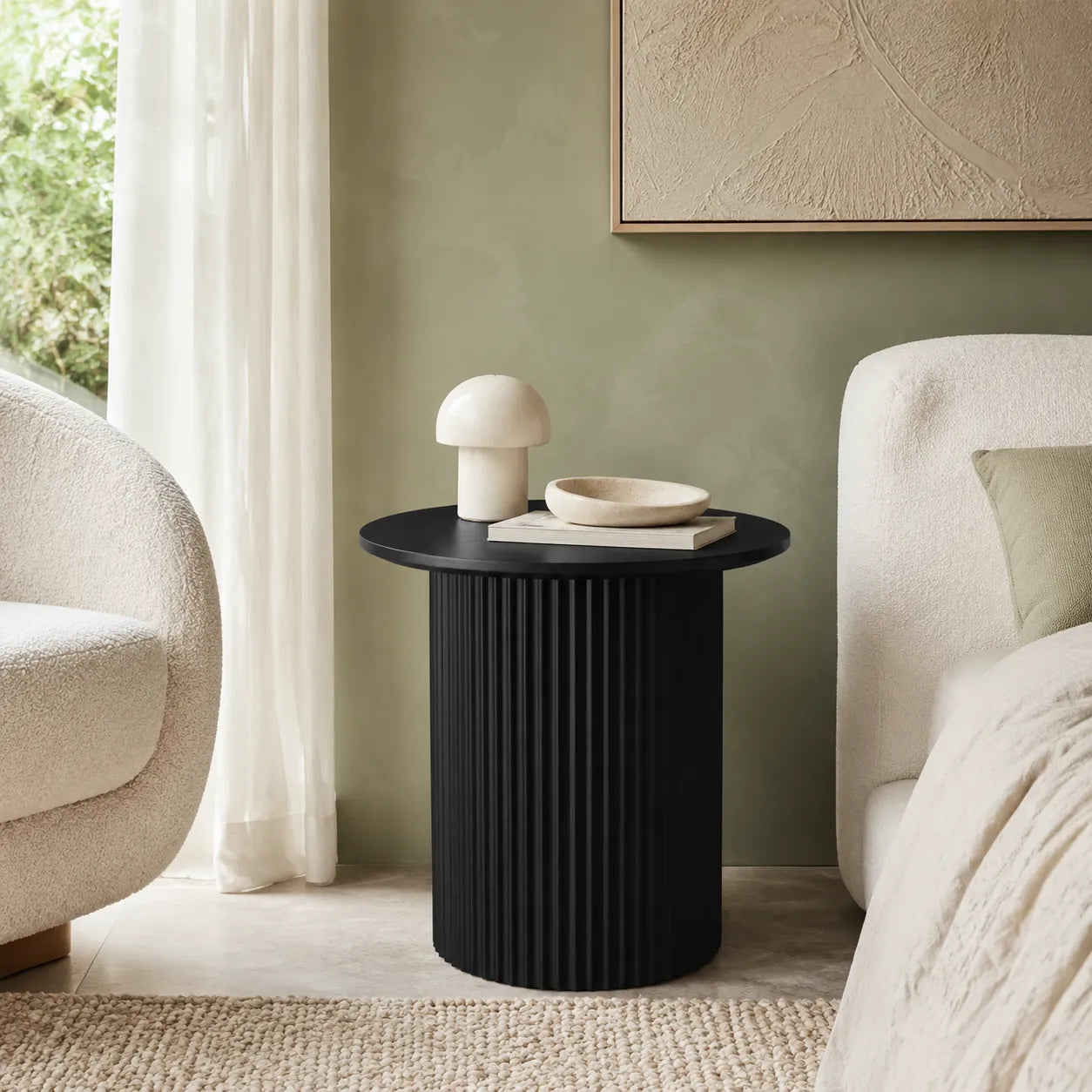 Vittoria Round Side Table with Black Timber Top and Matt Black Fluted Base