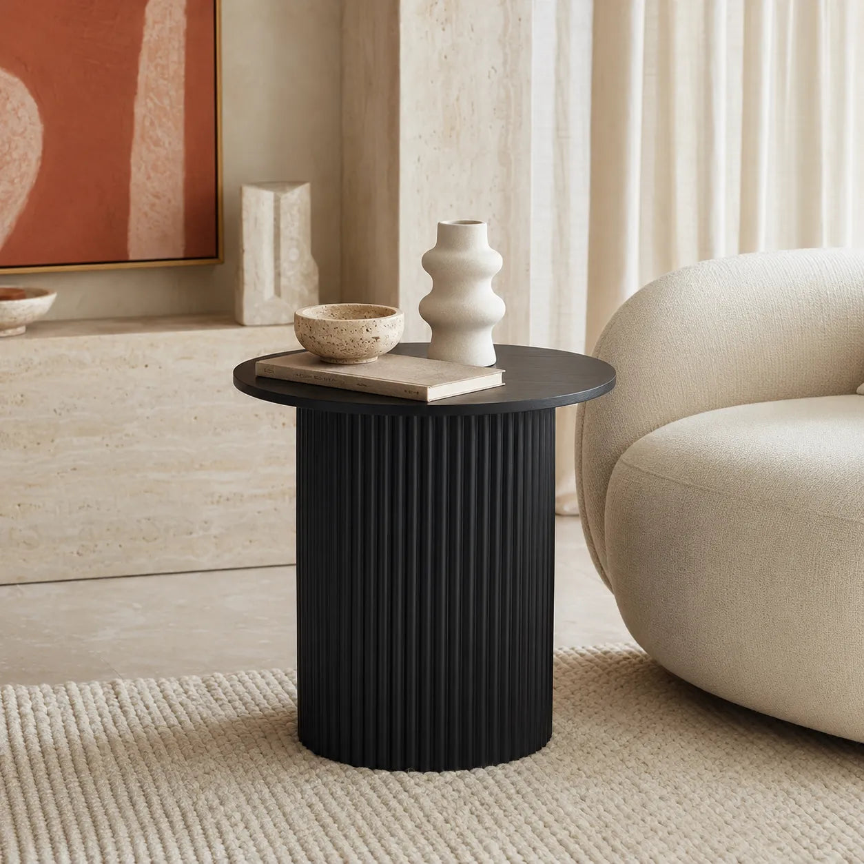 Vittoria Round Side Table with Black Timber Top and Matt Black Fluted Base