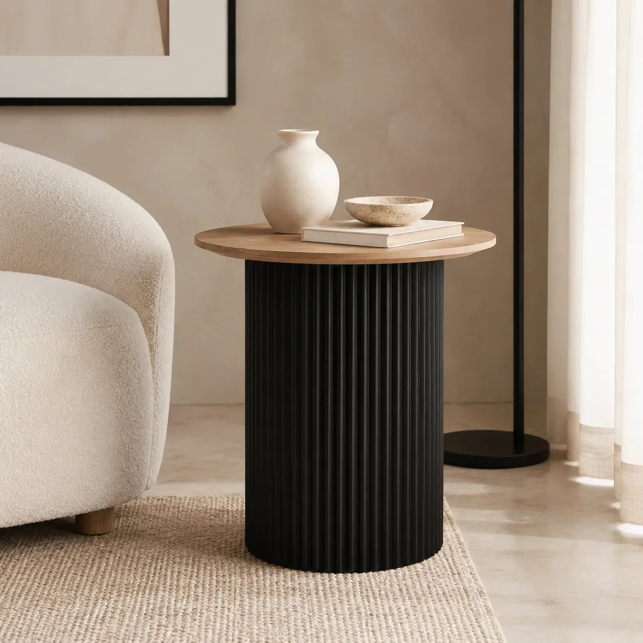 Vittoria Round Side Table with Light Timber Top and Matt Black Fluted Base