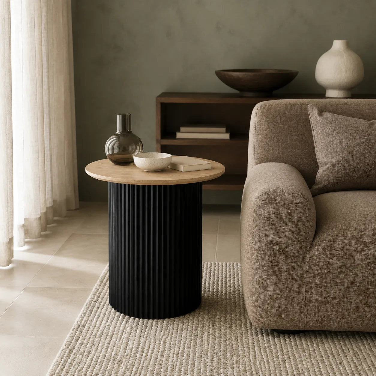 Vittoria Round Side Table with Light Timber Top and Matt Black Fluted Base