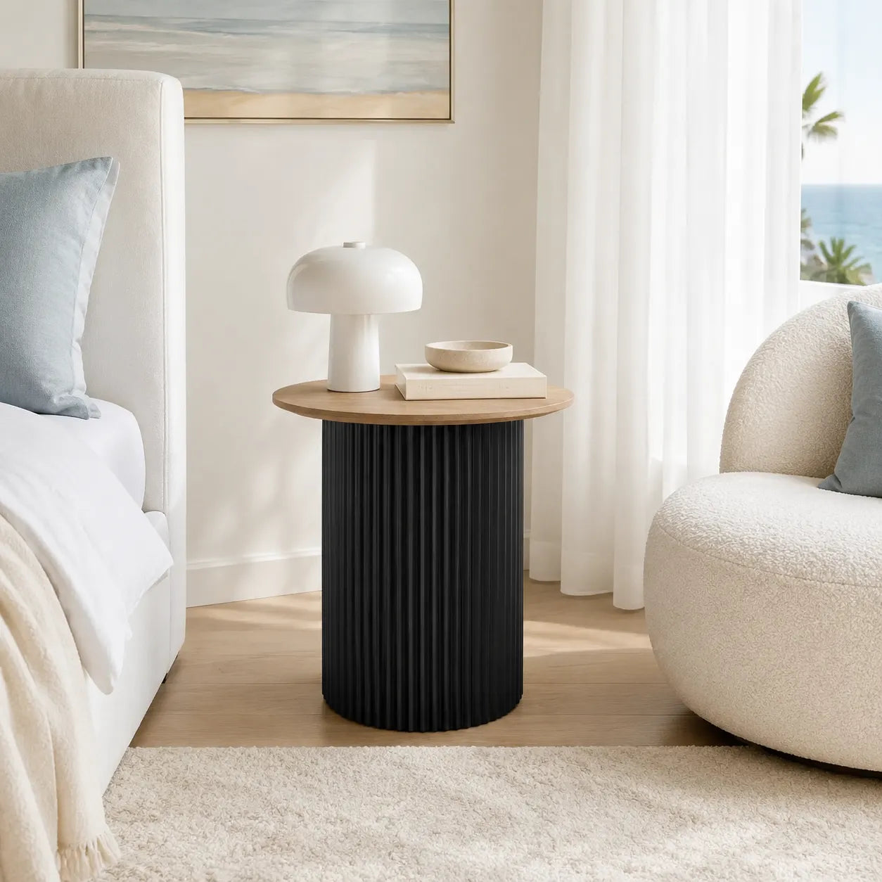 Vittoria Round Side Table with Light Timber Top and Matt Black Fluted Base