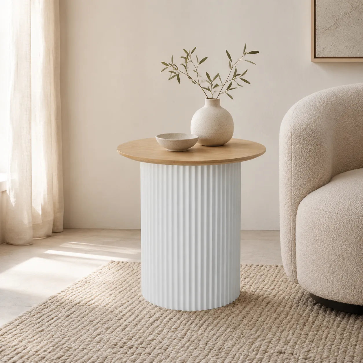 Vittoria Round Side Table with Light Timber Top and Soft White Fluted Base