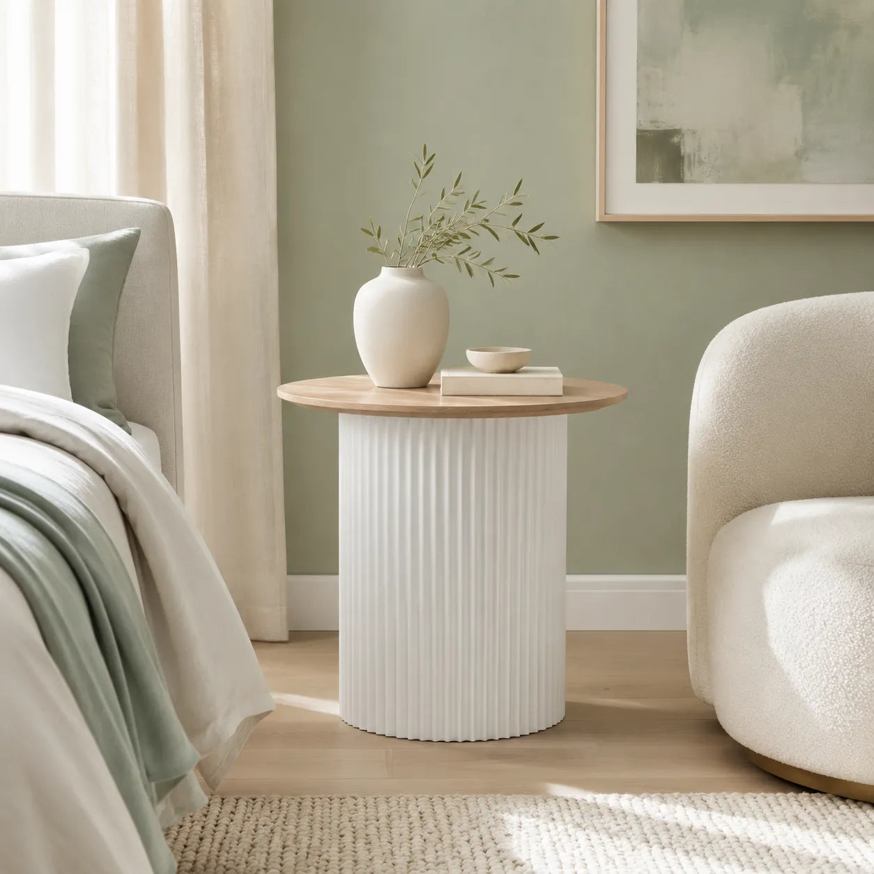 Vittoria Round Side Table with Light Timber Top and Soft White Fluted Base