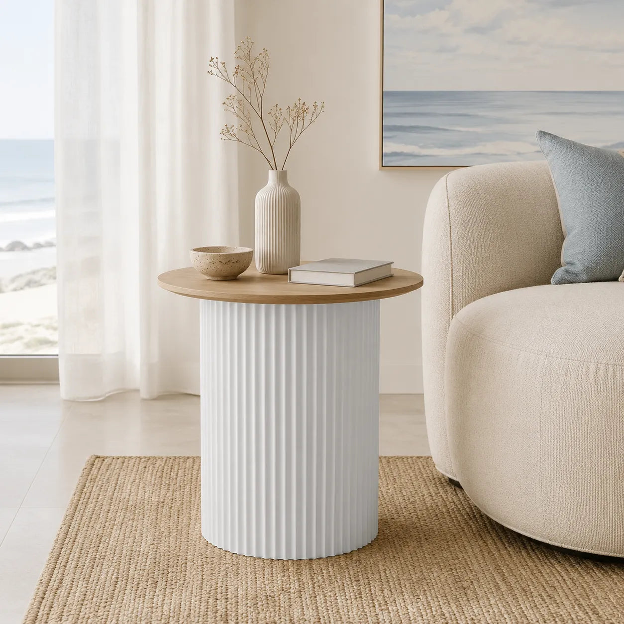 Vittoria Round Side Table with Light Timber Top and Soft White Fluted Base