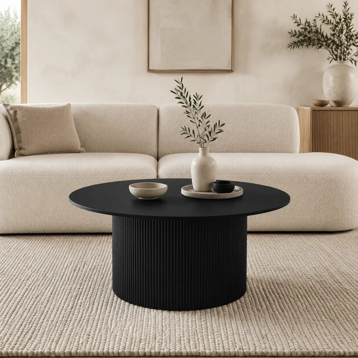 Vittoria Round Coffee Table with Black Timber Top and Matt Black Fluted Base