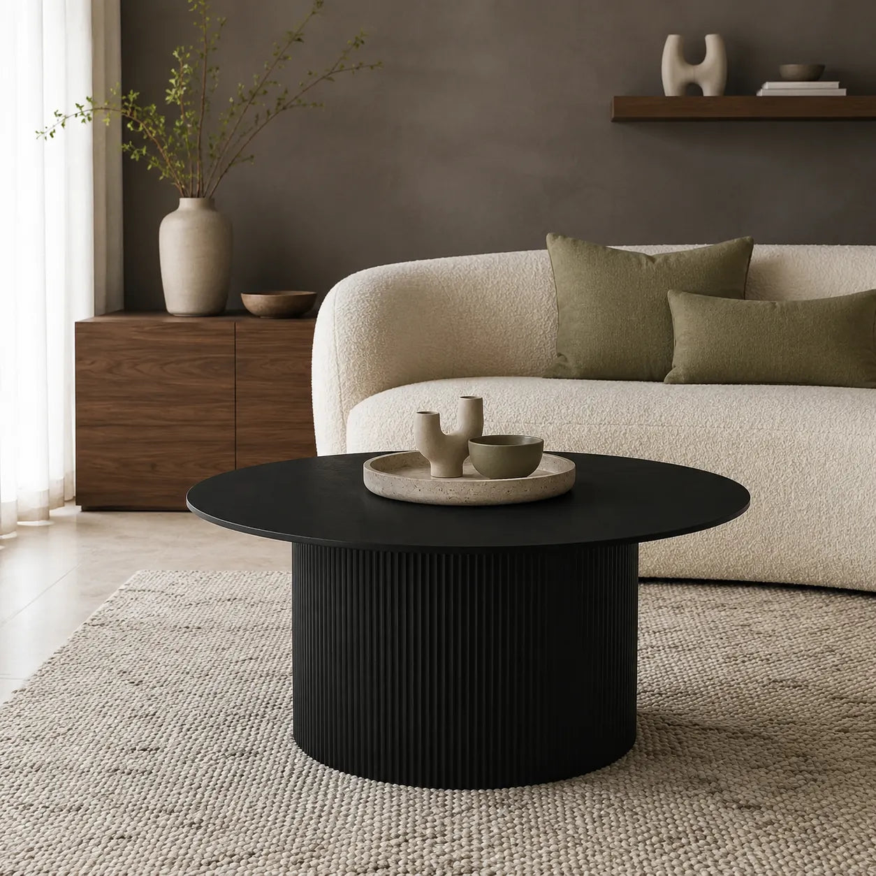 Vittoria Round Coffee Table with Black Timber Top and Matt Black Fluted Base