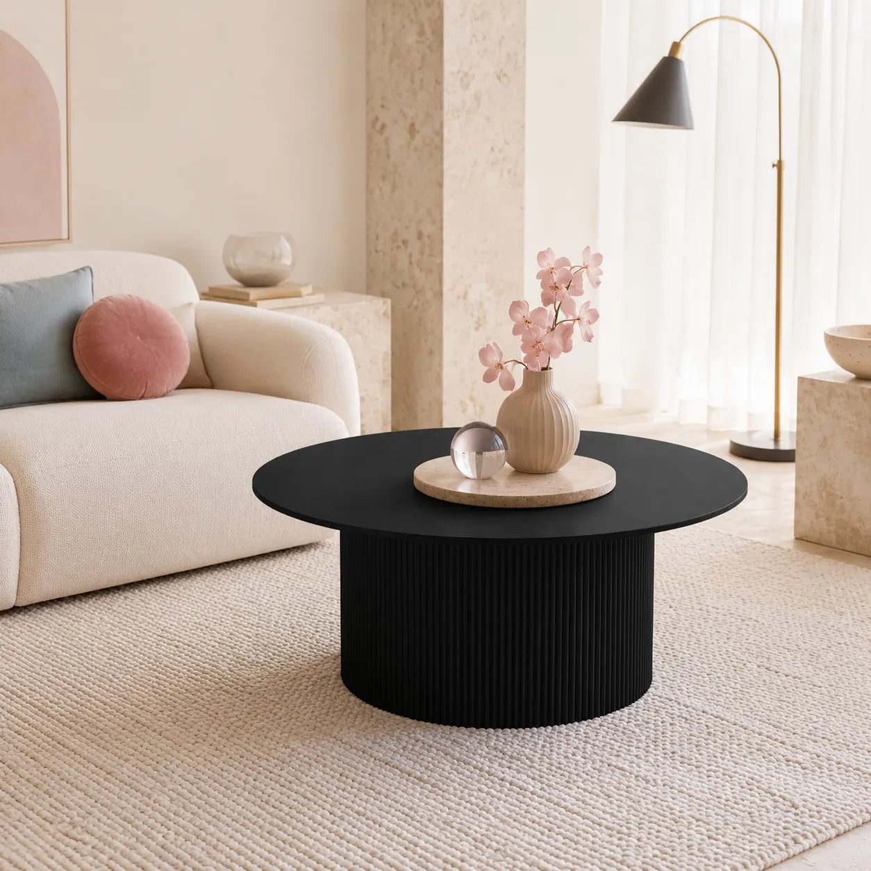 Vittoria Round Coffee Table with Black Timber Top and Matt Black Fluted Base