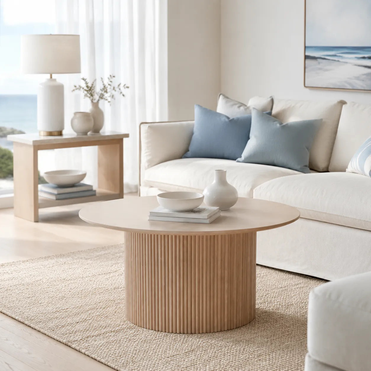 Vittoria Round Coffee Table with Natural Timber Top and Natural Fluted Base