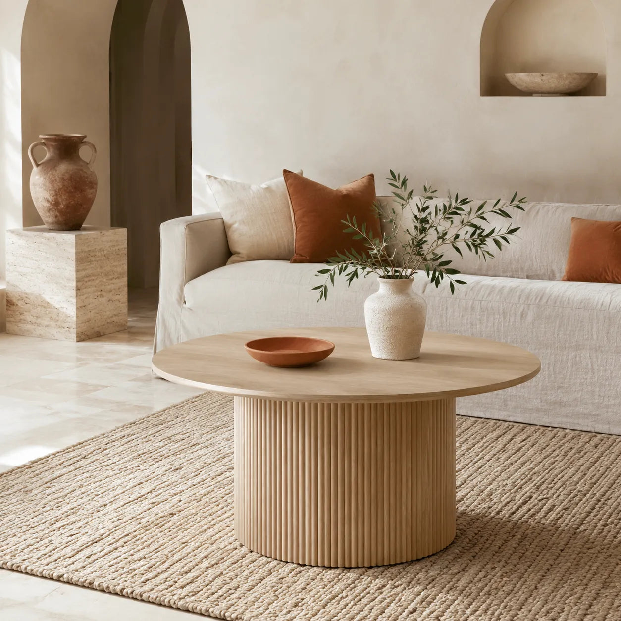 Vittoria Round Coffee Table with Natural Timber Top and Natural Fluted Base
