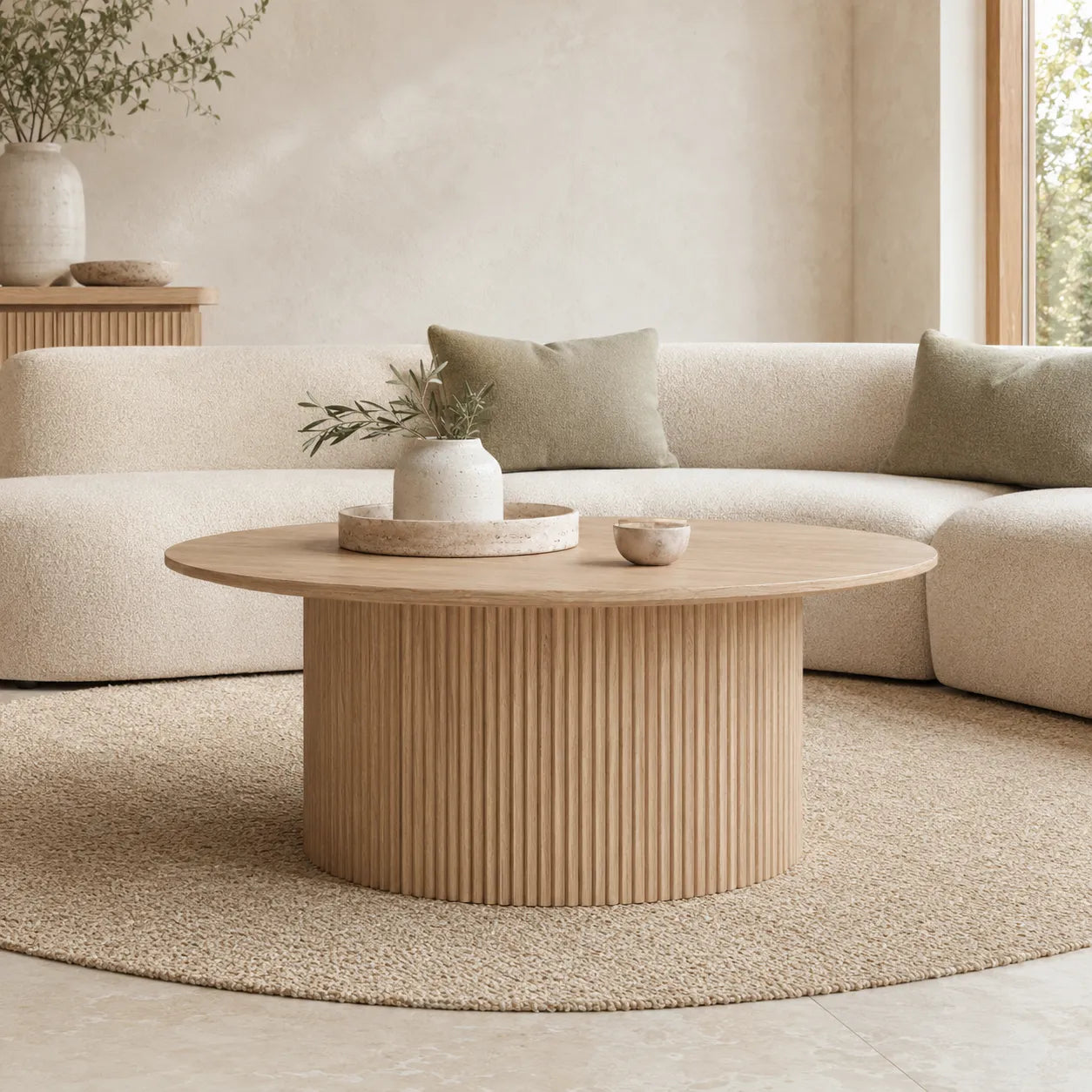 Vittoria Round Coffee Table with Natural Timber Top and Natural Fluted Base