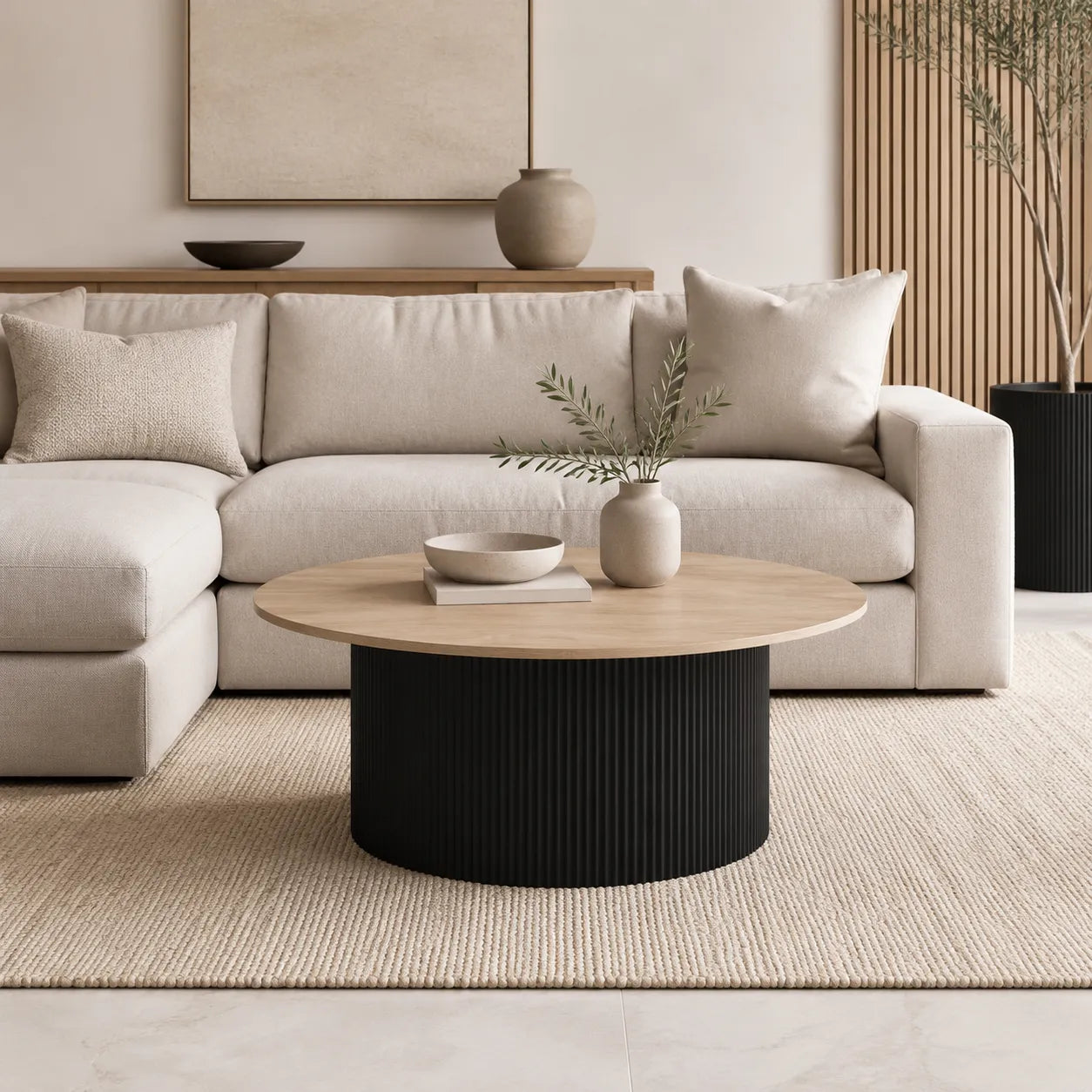 A modern living room scene featuring a light beige sectional sofa with matching pillows, a round coffee table with a black ribbed base and light wood top, and neutral decor on a woven rug.