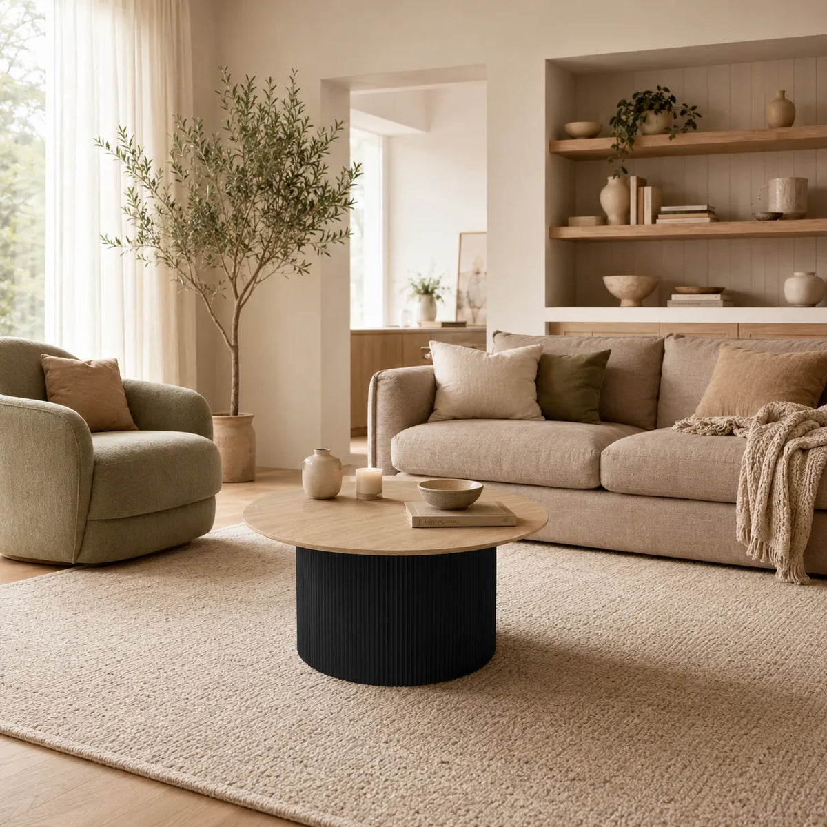 A modern living room scene featuring a beige fabric sofa, a matching armchair, a round coffee table with a light wood top and ribbed black base, set on a large textured cream rug. The room has warm neutral tones, built-in wooden shelves, and a tall olive tree near a window.