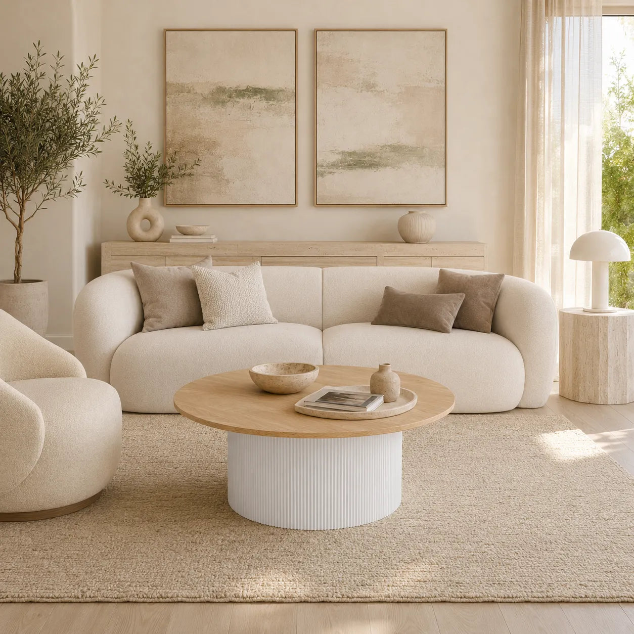 A modern living room featuring a white curved sofa with neutral throw pillows, a round wooden coffee table on a textured beige rug, and two large abstract art prints on the wall.