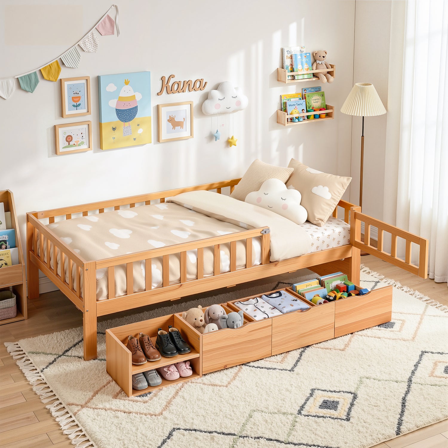 Artiss Kids Single Bed Frame with 3 Storage Drawer Montessori Bed for Toddler Natural