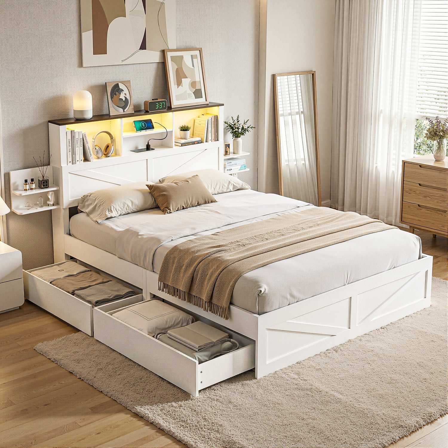 Artiss Queen Bed Frame with Storage Drawers White Platform Bedframe with Bookcase Headboard Charging Station Led Light