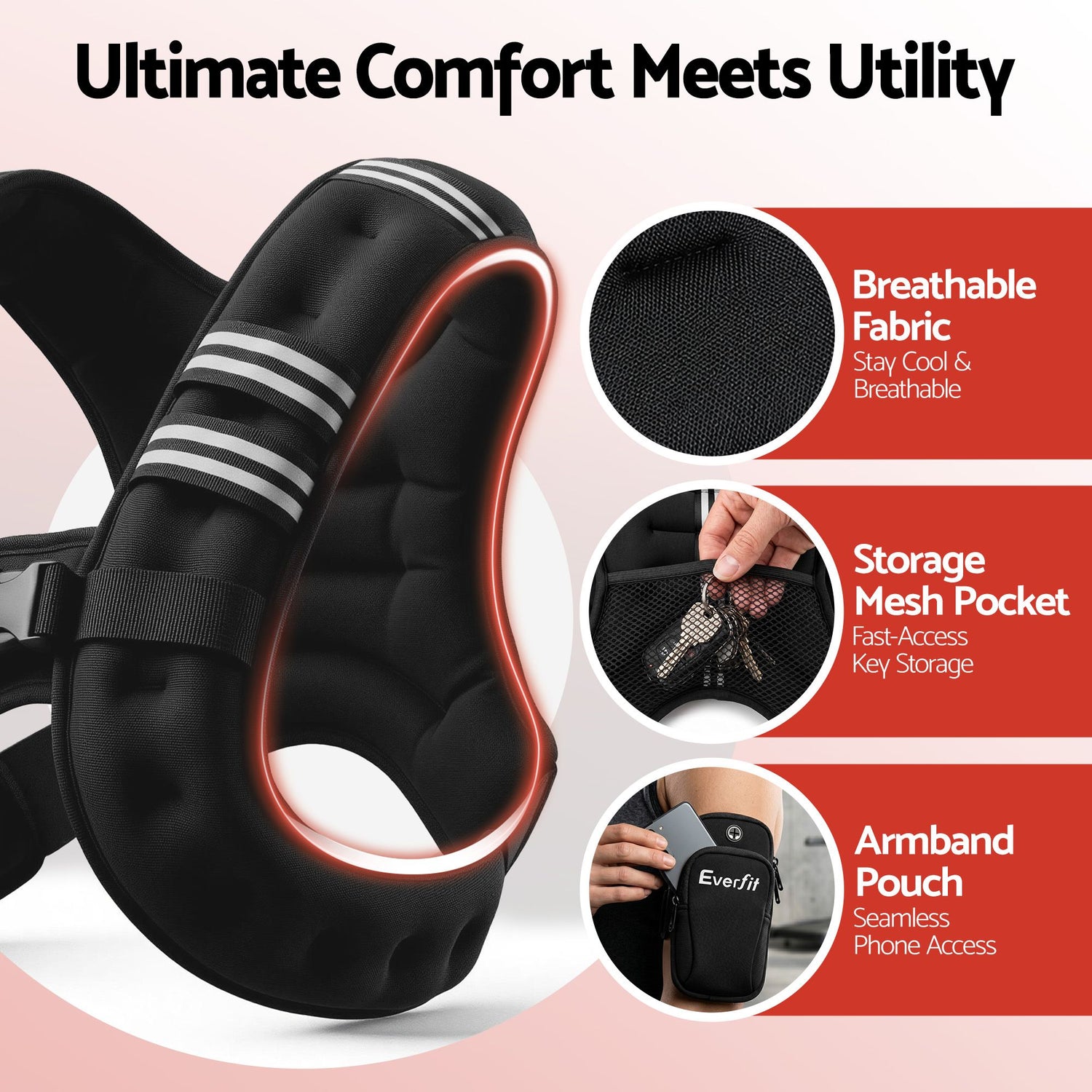 Everfit 5kg Weighted Vest Men Women, Reflective Running Vest with Armband Pouch