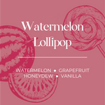 Advertisement for 'Watermelon Lollipop' with watermelon illustrations on a pink background.