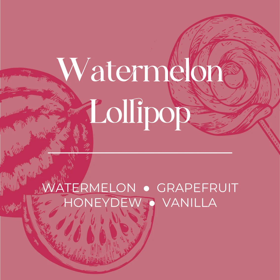 Advertisement for 'Watermelon Lollipop' with watermelon illustrations on a pink background.