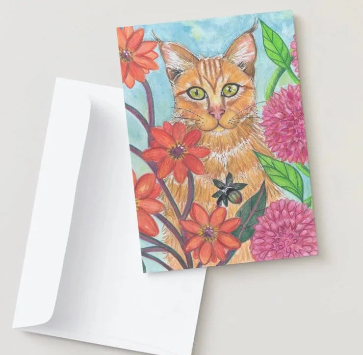 Greeting card with a cat illustration surrounded by flowers on a white background