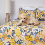Puppy lying on a bed with a floral comforter in a bedroom setting
