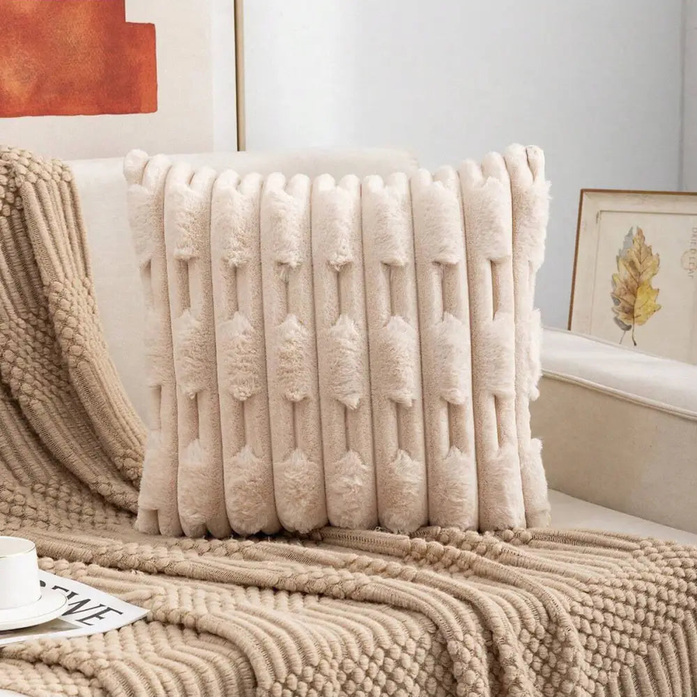 A pair of Khaki Plush Faux Rabbit Fur Throw Pillow Cover - Textured Wheat Ear Design (45x45cm) - Home & Garden >