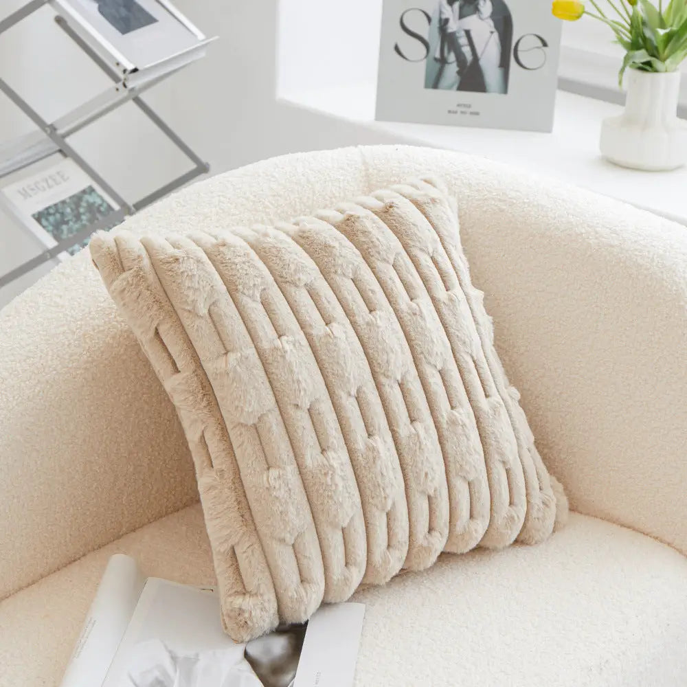 A pair of Khaki Plush Faux Rabbit Fur Throw Pillow Cover - Textured Wheat Ear Design (45x45cm) - Home & Garden >