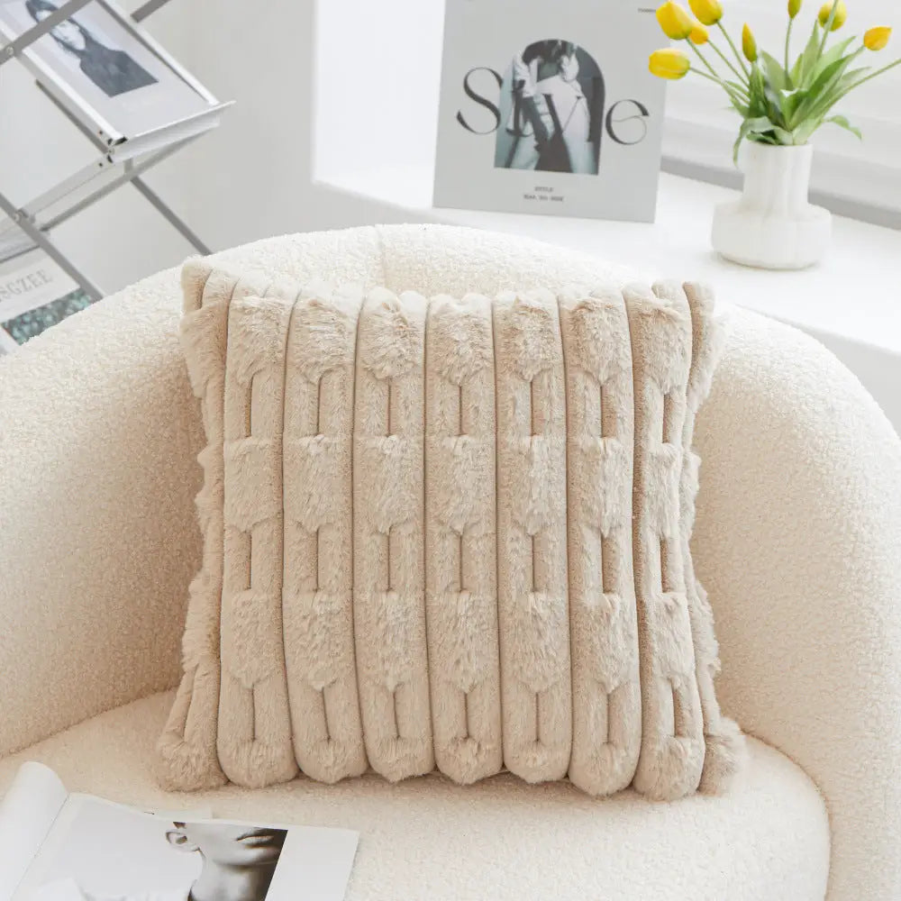 A pair of Khaki Plush Faux Rabbit Fur Throw Pillow Cover - Textured Wheat Ear Design (45x45cm) - Home & Garden >