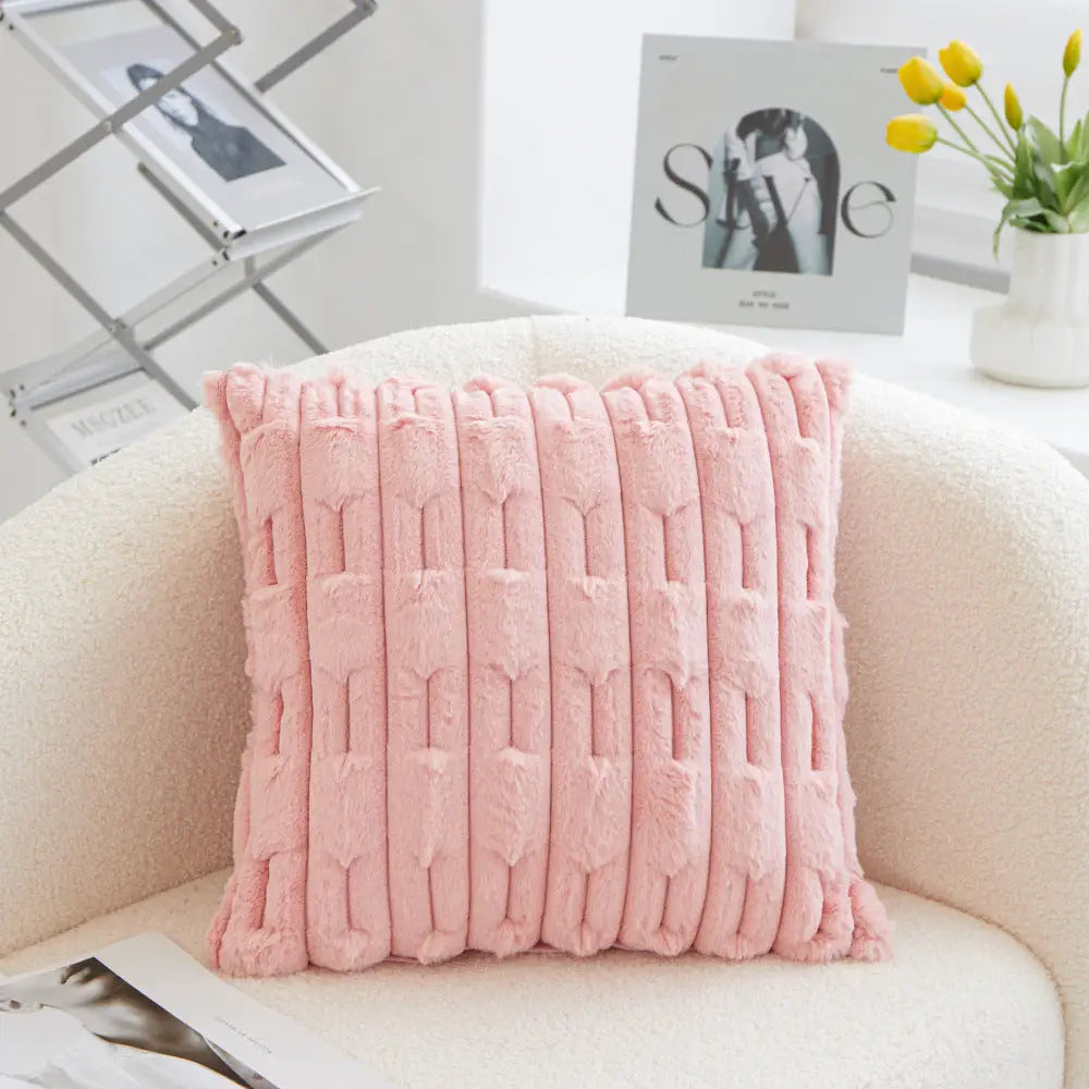A pair of pink Plush Faux Rabbit Fur Throw Pillow Cover - Textured Wheat Ear Design (45x45cm) - Home & Garden > Bedding