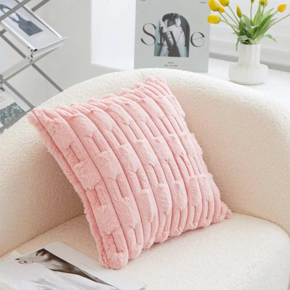 A pair of pink Plush Faux Rabbit Fur Throw Pillow Cover - Textured Wheat Ear Design (45x45cm) - Home & Garden > Bedding