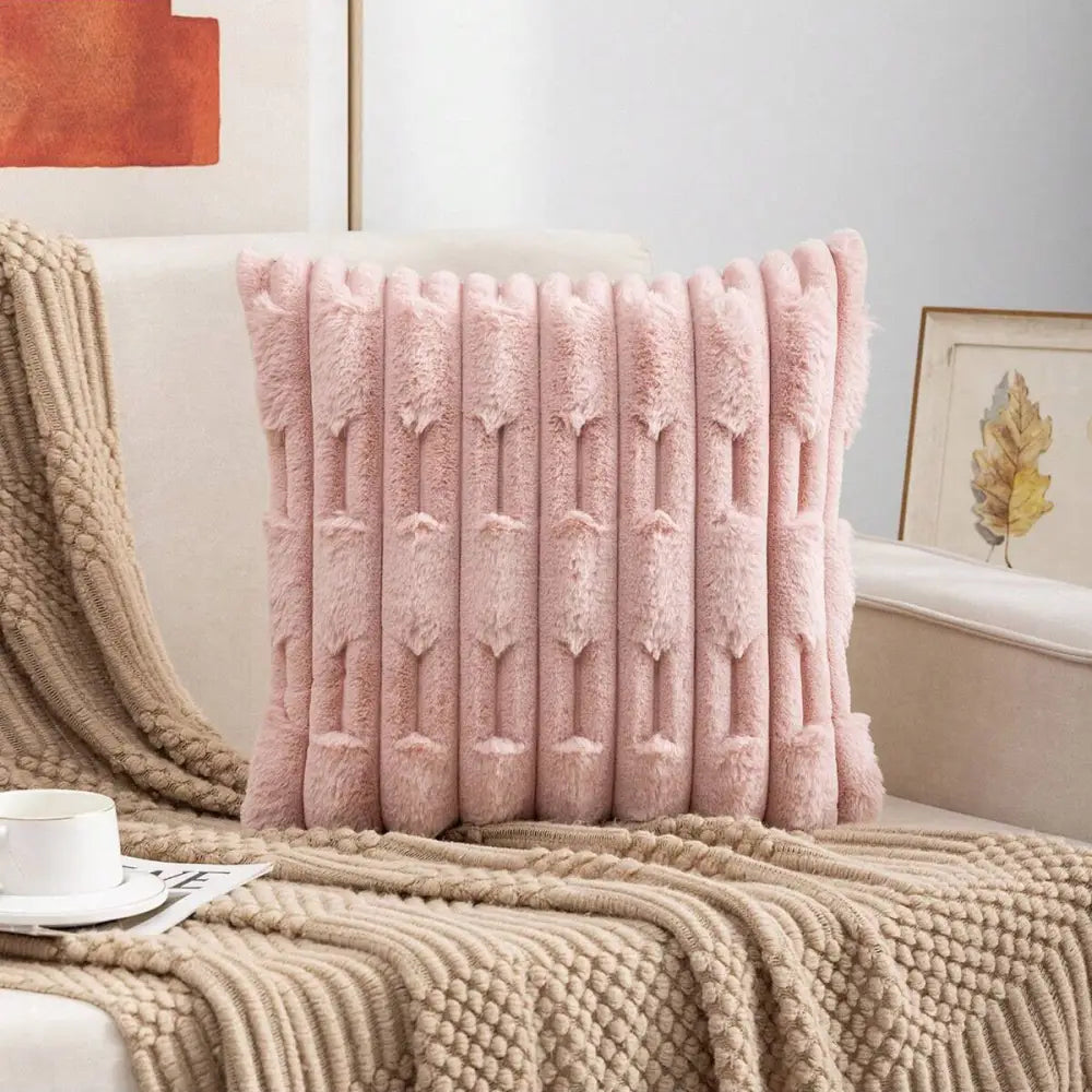 A pair of pink Plush Faux Rabbit Fur Throw Pillow Cover - Textured Wheat Ear Design (45x45cm) - Home & Garden > Bedding
