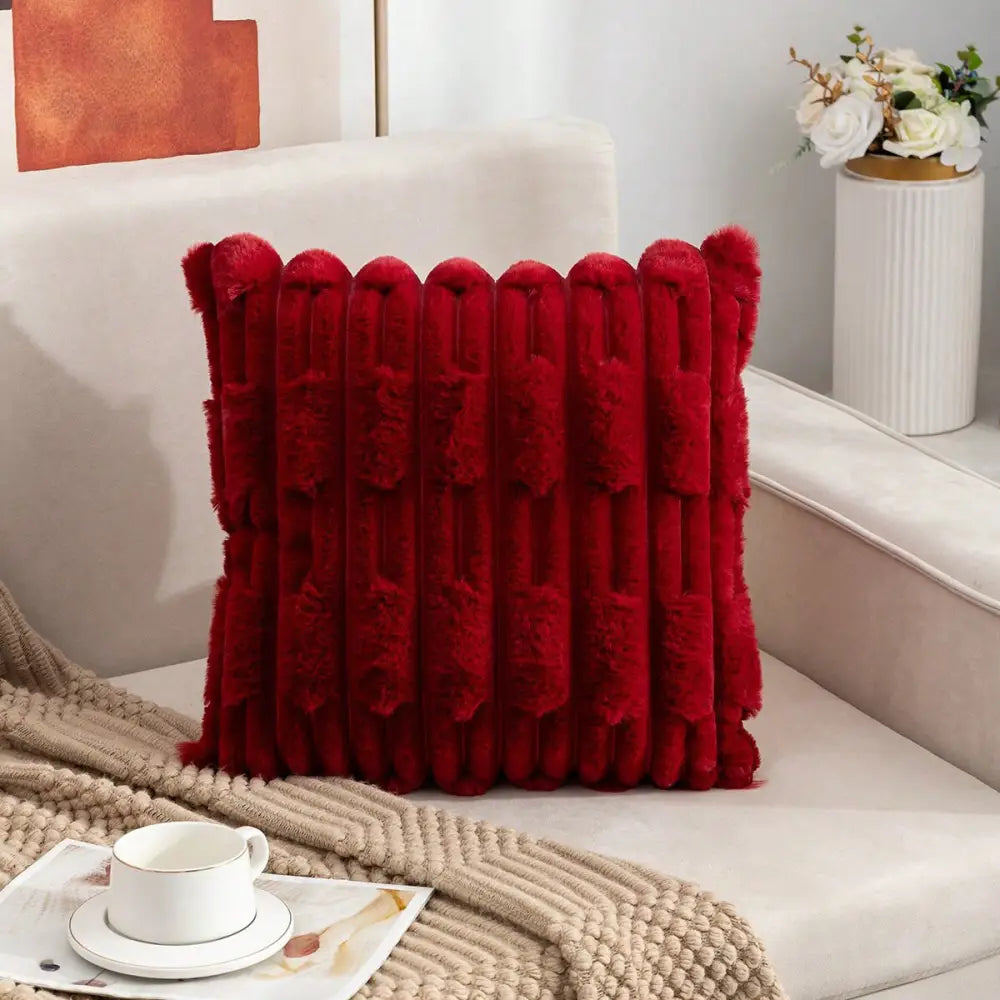A pair of Red Plush Faux Rabbit Fur Throw Pillow Cover - Textured Wheat Ear Design (45x45cm) - Home & Garden > Bedding