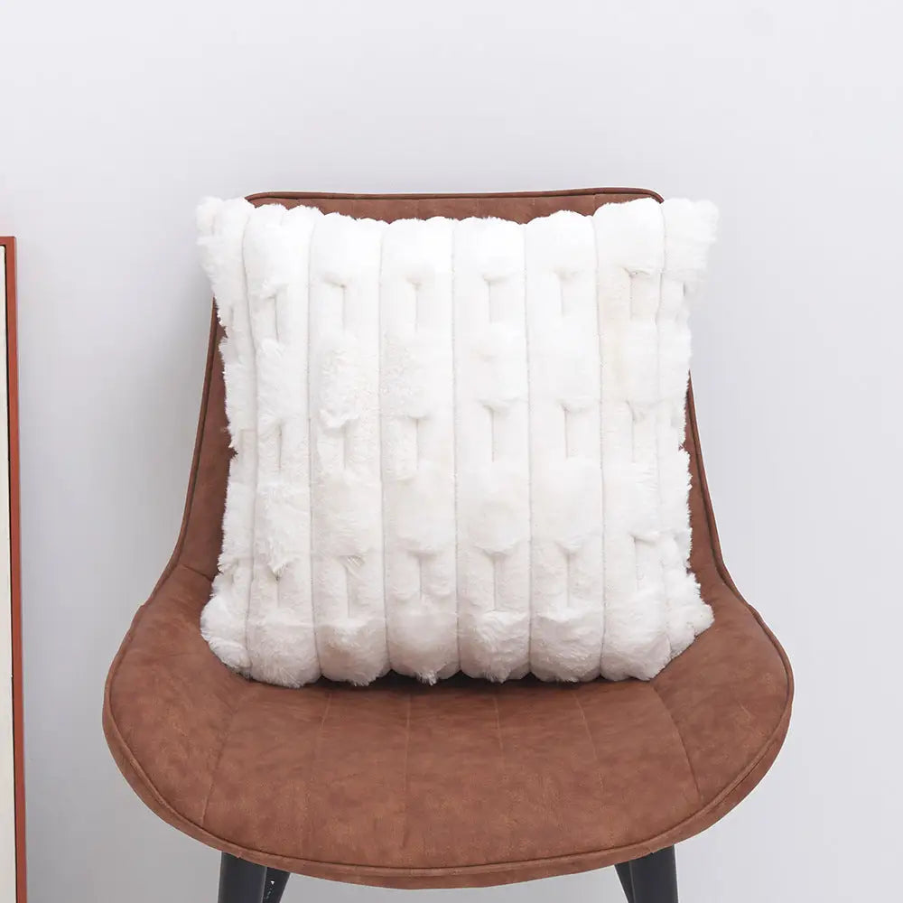A pair of White Plush Faux Rabbit Fur Throw Pillow Cover - Textured Wheat Ear Design (45x45cm) - Home & Garden >