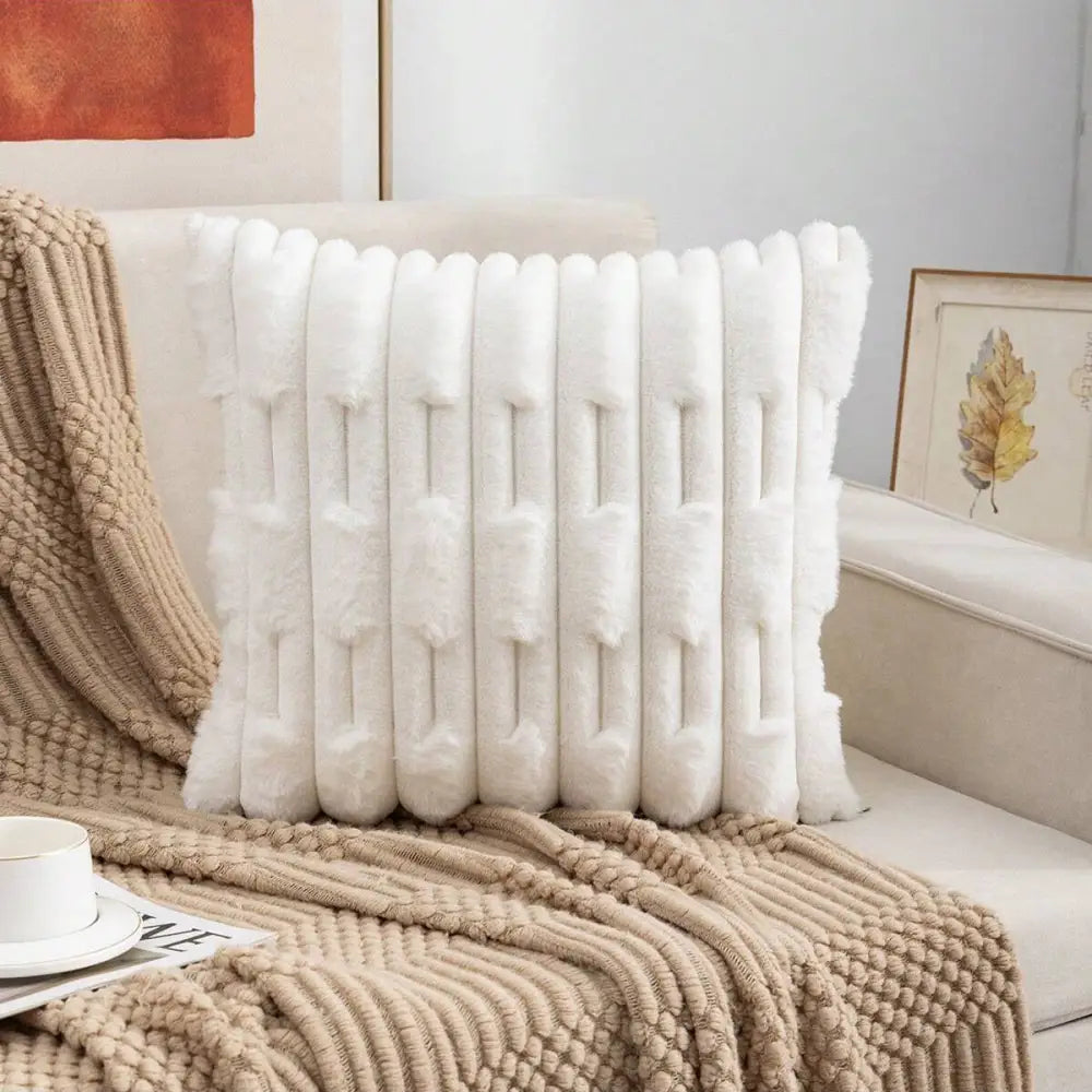 A pair of White Plush Faux Rabbit Fur Throw Pillow Cover - Textured Wheat Ear Design (45x45cm) - Home & Garden >