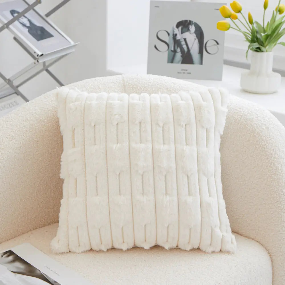 A pair of White Plush Faux Rabbit Fur Throw Pillow Cover - Textured Wheat Ear Design (45x45cm) - Home & Garden >