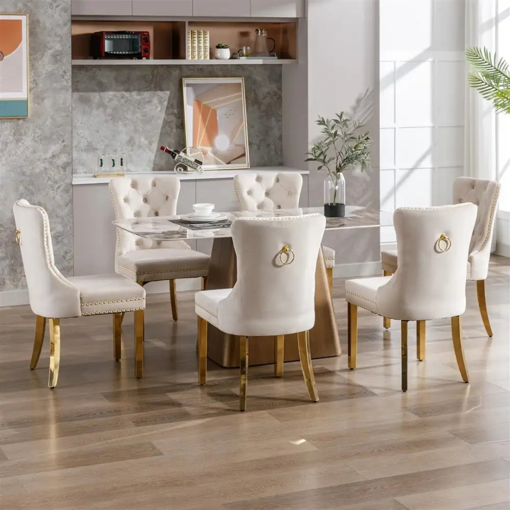 AADEN 2x Velvet Dining Chairs with Golden Metal Legs-Beige - Furniture > Dining > Dining Set