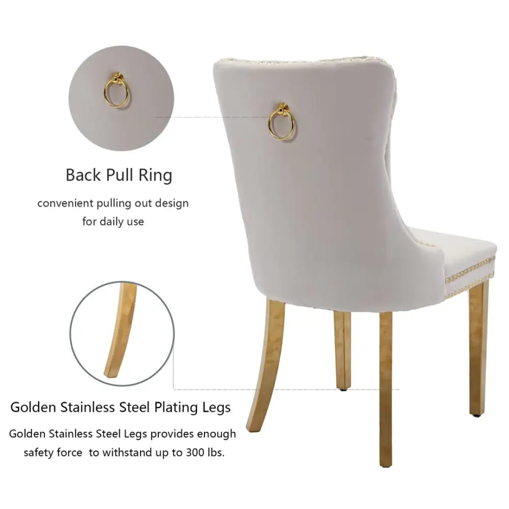 AADEN 2x Velvet Dining Chairs with Golden Metal Legs-Beige - Furniture > Dining > Dining Set