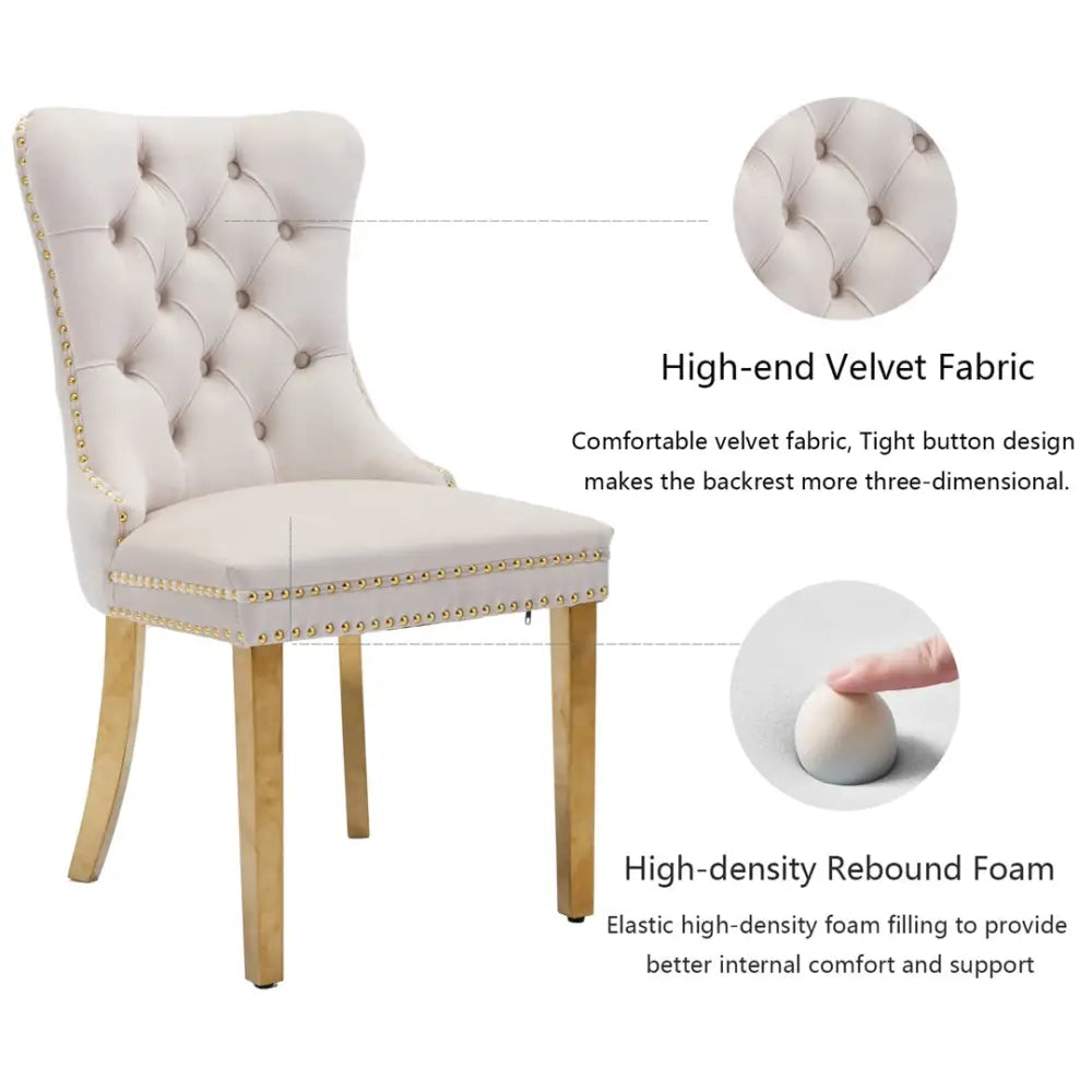 AADEN 2x Velvet Dining Chairs with Golden Metal Legs-Beige - Furniture > Dining > Dining Set