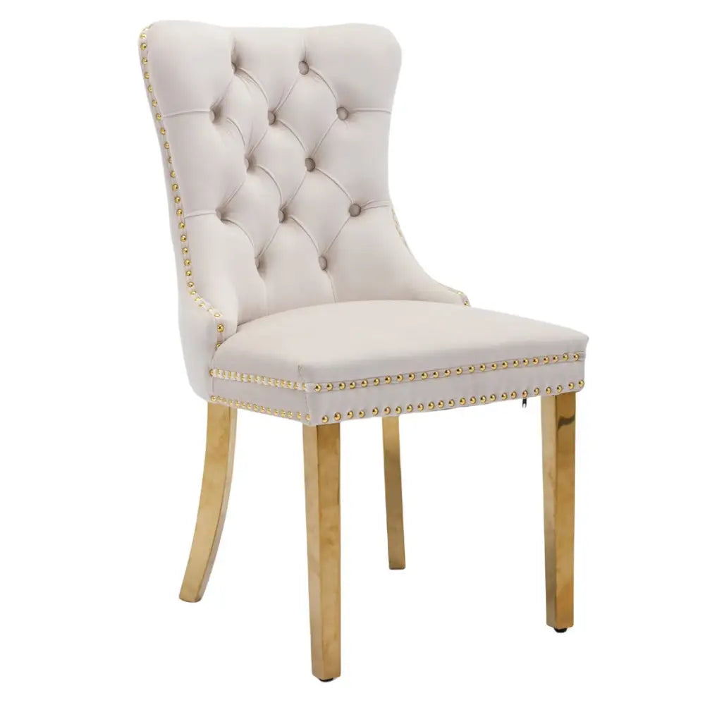 AADEN 2x Velvet Dining Chairs with Golden Metal Legs-Beige - Furniture > Dining > Dining Set