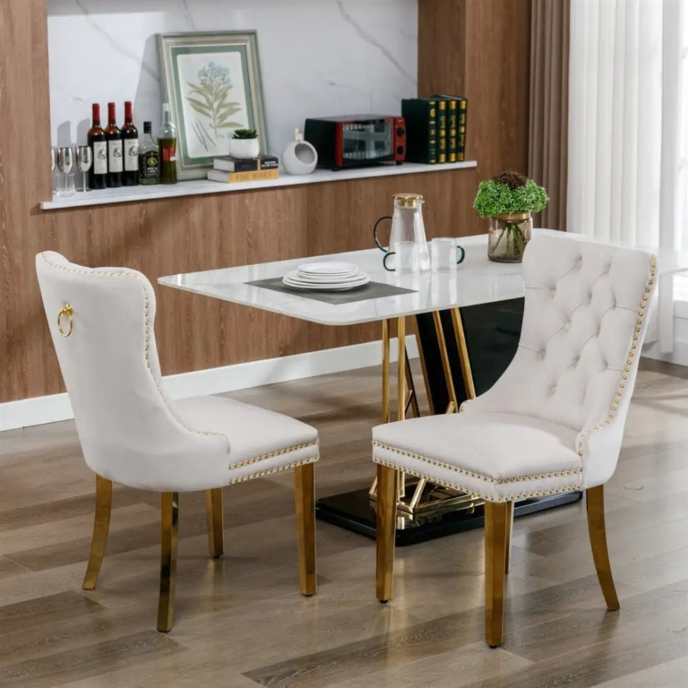 AADEN 2x Velvet Dining Chairs with Golden Metal Legs-Beige - Furniture > Dining > Dining Set