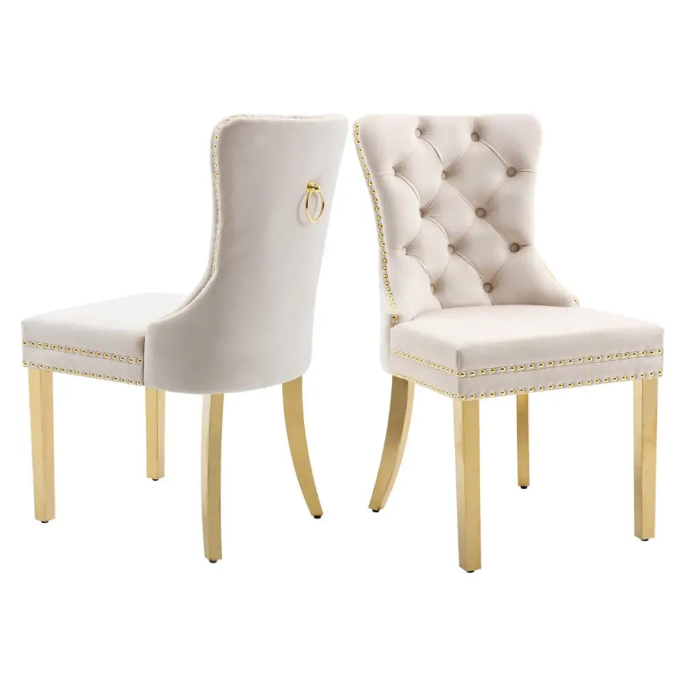 AADEN 2x Velvet Dining Chairs with Golden Metal Legs-Beige - Furniture > Dining > Dining Set