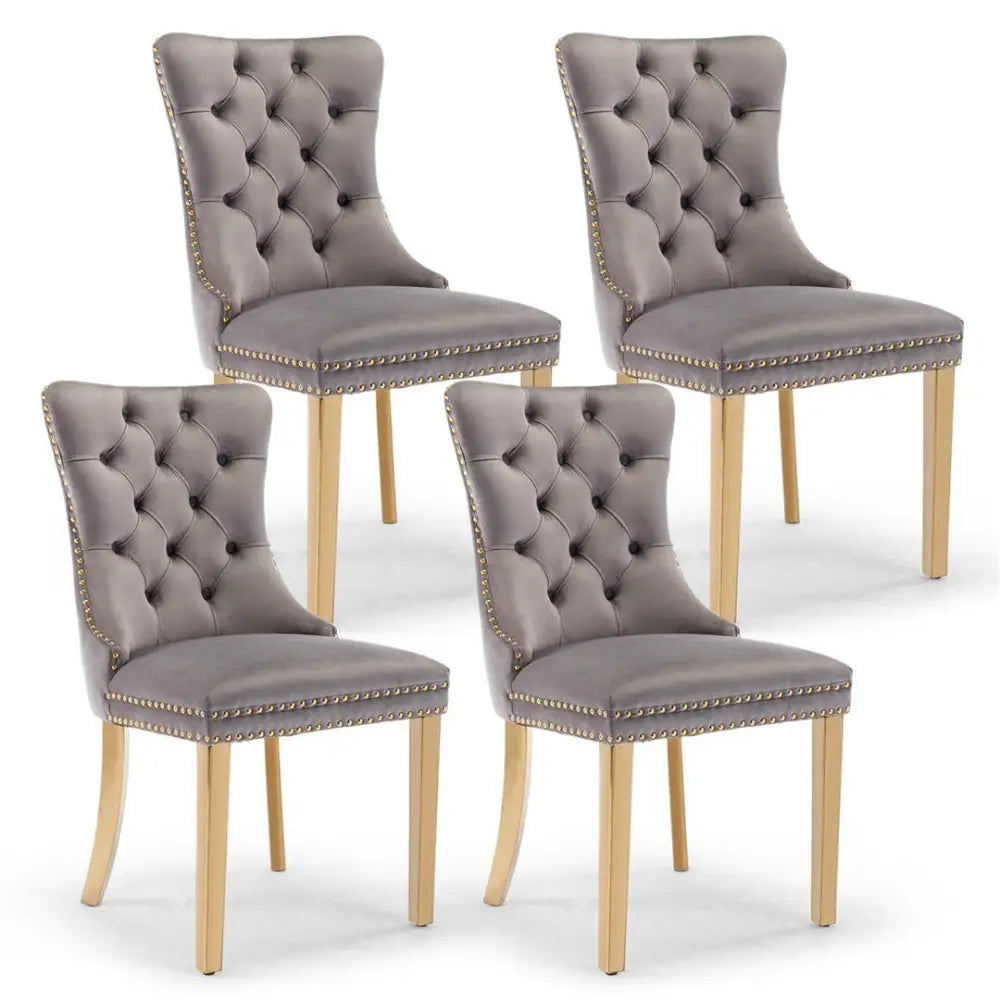 AADEN 4x Velvet Dining Chairs with Golden Metal Legs-Grey - Furniture > Dining > Dining Set
