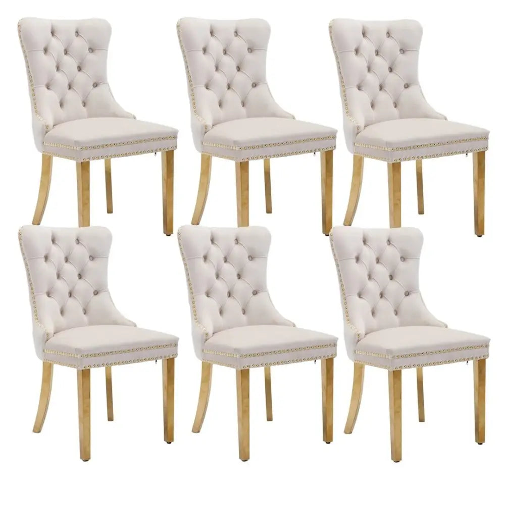AADEN 6x Velvet Dining Chairs with Golden Metal Legs-Beige - Furniture > Dining > Dining Set