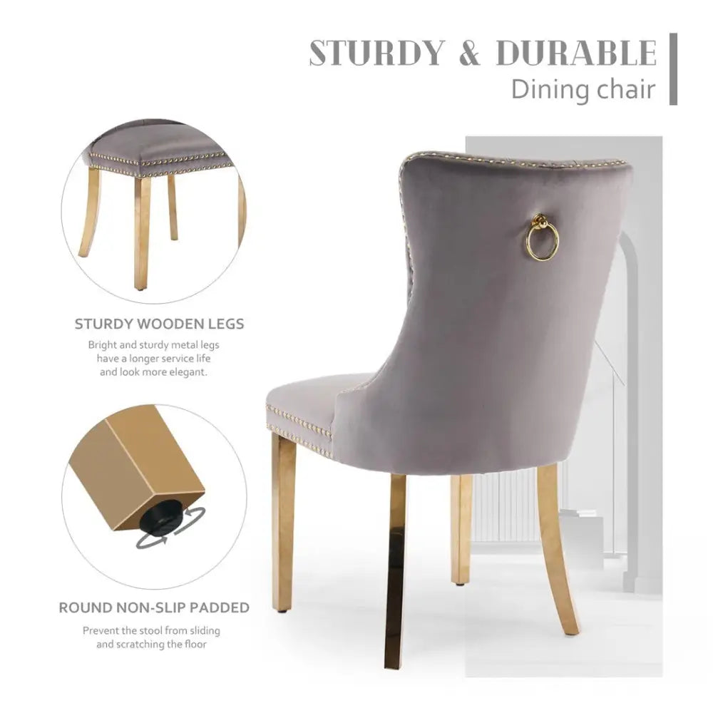 AADEN 6x Velvet Dining Chairs with Golden Metal Legs-Grey - Furniture > Dining > Dining Set