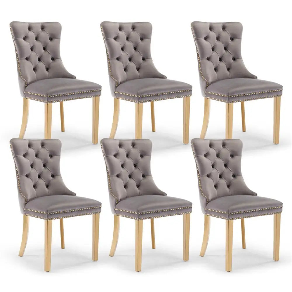 AADEN 6x Velvet Dining Chairs with Golden Metal Legs-Grey - Furniture > Dining > Dining Set