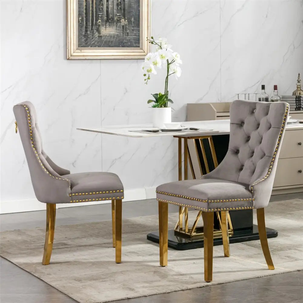 AADEN 6x Velvet Dining Chairs with Golden Metal Legs-Grey - Furniture > Dining > Dining Set