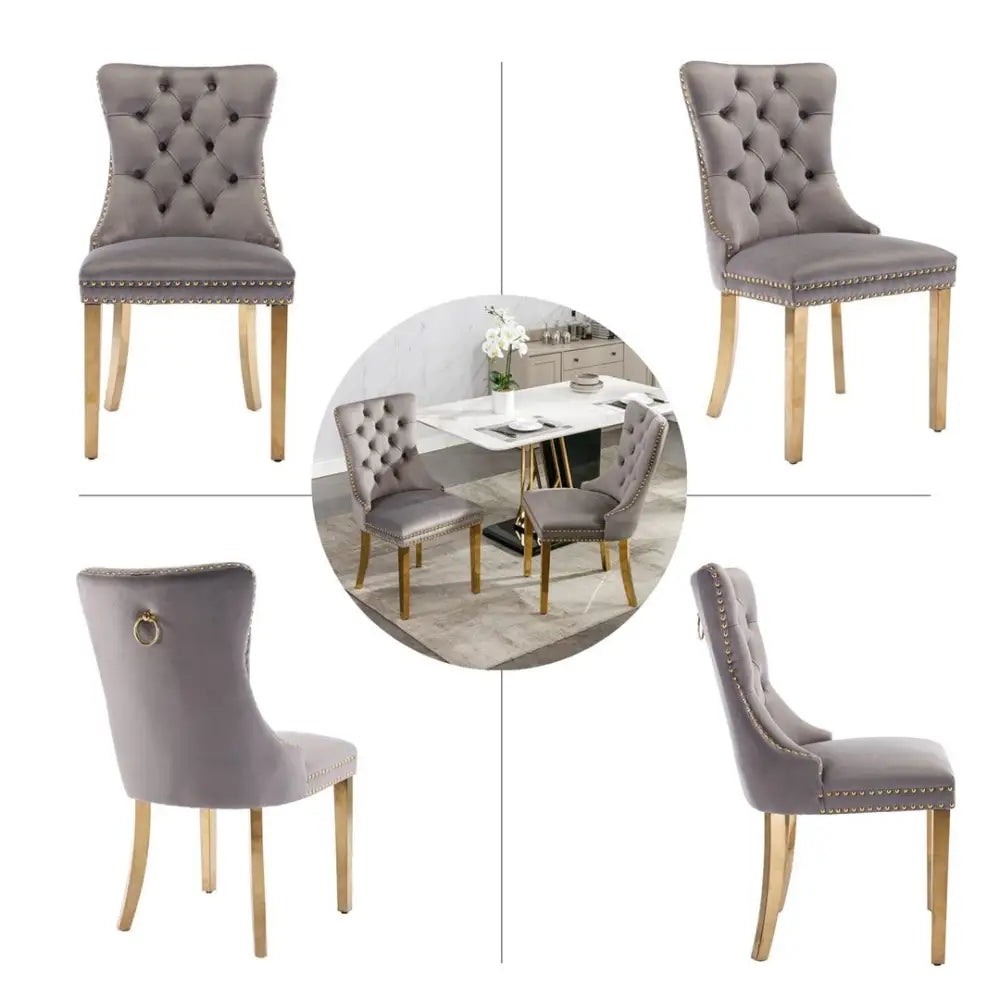 AADEN 8x Velvet Dining Chairs with Golden Metal Legs-Grey - Furniture > Dining > Dining Set