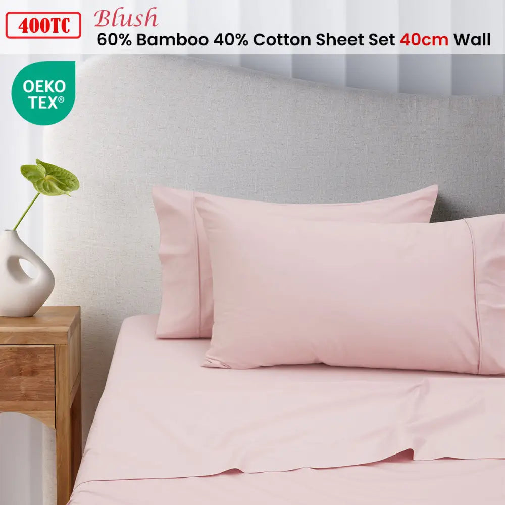 Accessorize 400TC Blush Bamboo Cotton Sheet Set 40cm Wall King Single - Home & Garden > Bedding > Bed Sheets