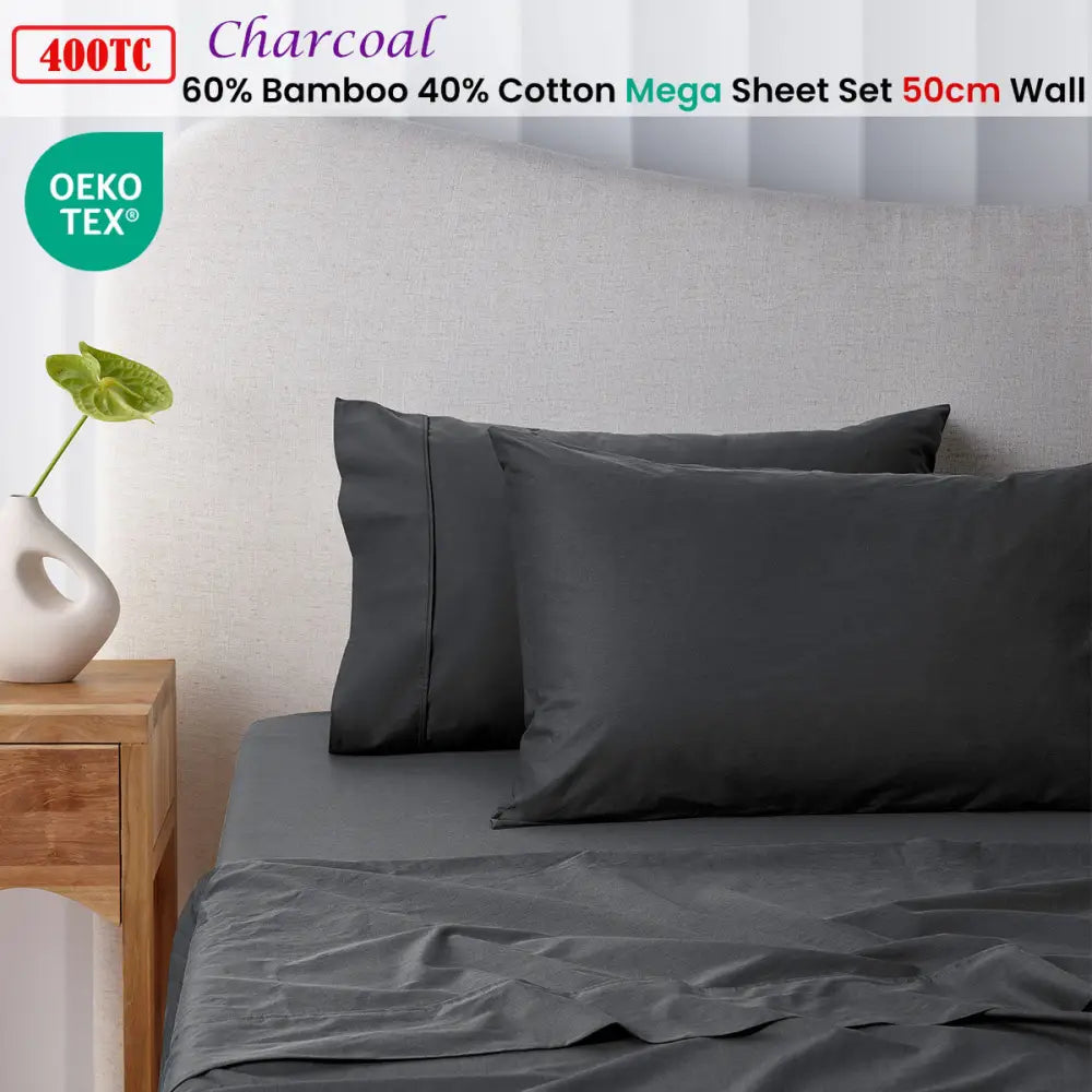 Accessorize 400TC Charcoal Bamboo Cotton Mega / Super Sheet Set 50cm Wall Queen - Home & Garden > Bedding > Bed Sheets